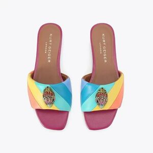 NIB! Kurt Geiger Multicolor Rainbow Kensington Slide Sandals Gold Crystal Eagle